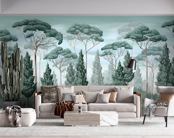 Pine Tree Wallpaper, Removable Wallpaper or Non-Woven Wallpaper, Landscape Design,  Vintage Scenic Wallpaper Peel and Stick Forest Wallpaper