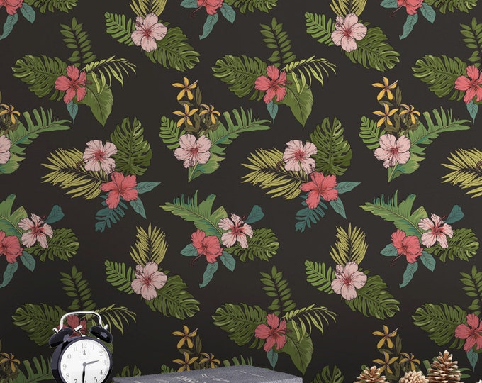 Tropical Leaves Pattern Wallpaper - Removable Wallpaper - Tropical Plants and Flower Wallpaper - Exotic Wall Sticker - Tropical Wallpaper