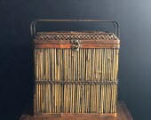 Woven Rattan Bamboo Lidded Basket Wine Box - Vintage Mini Trunk Train Case - Bohemian Picnic Basket Mid Century Boho Decor Storage Box