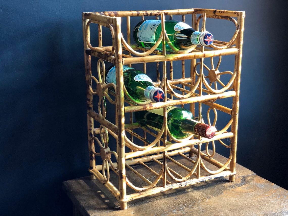 Vintage Rattan Wine Rack Mid Century Modern Boho Decor MCM Etsy