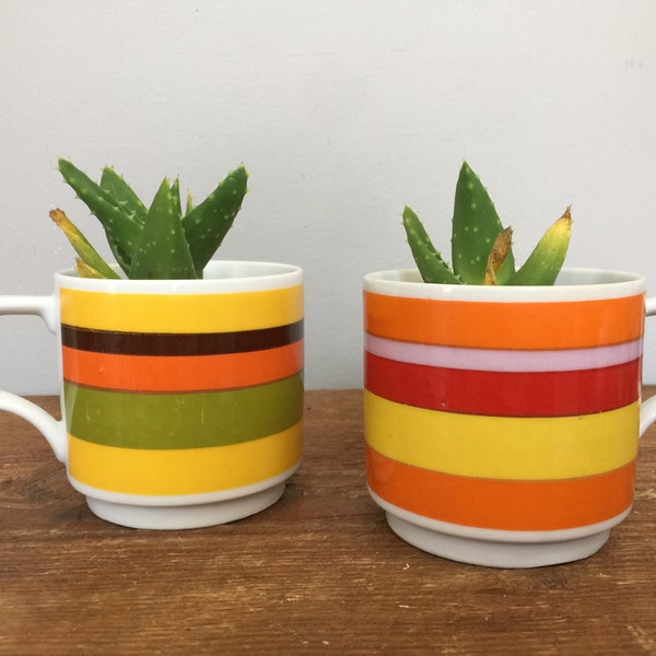 Set of Two Vintage Striped Porcelain Mugs - Made in Japan - Retro Modern Boho Coffee Cups or Succulent Planters