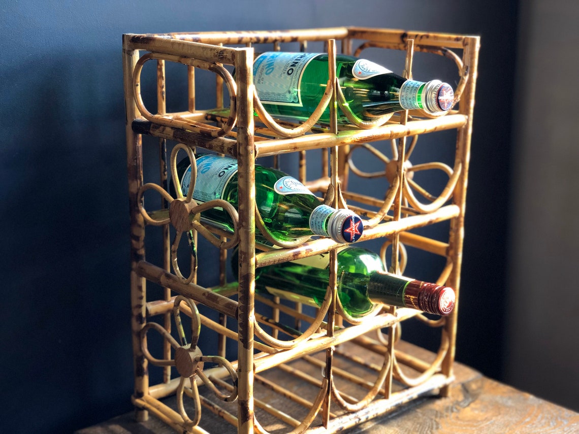 Vintage Rattan Wine Rack Mid Century Modern Boho Decor MCM Etsy