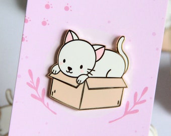 White Cat in a Box Enamel Pin