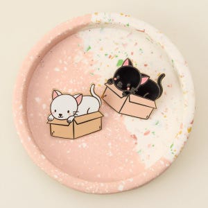 White and Black Cat in a Box Enamel Pin
