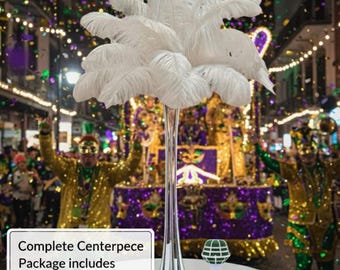 Ostrich, feather centerpiece complete Genuine Ostrich Feather centerpiece, Glass vase, foam insert,  and 25 feathers included.