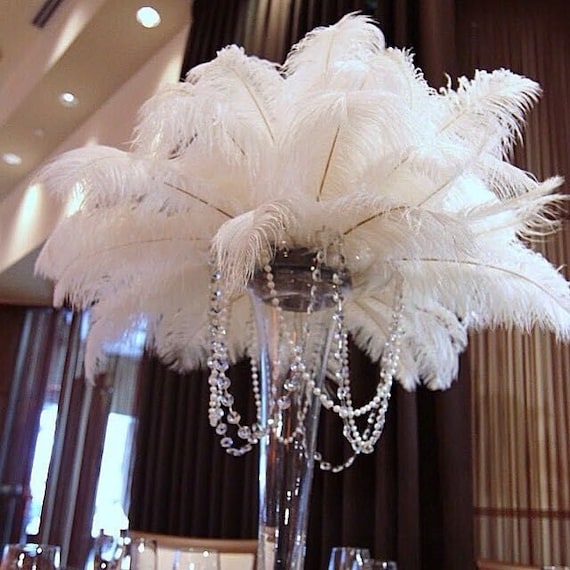 White ostrich feather centerpiece with martini vase & hanging