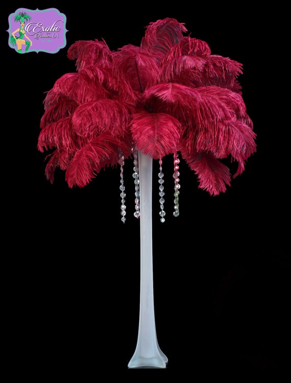 Burgundy Ostrich Feathers Long Sleeve 3D Leaf Mermaid Prom Dress main image 1
