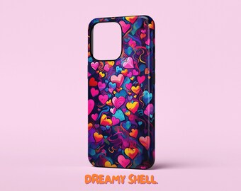 Colorful Hearts Printed Tough iPhone Case| iPhone 14,13,12| iPhone Pro Max Mini| Colorful Lisa Frank Inspired| Cute Case| Trendy Phone Cover