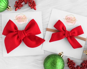 Red and white bow headband Christmas red linen bow Red bow clip Christmas Bow Choose your bow style Christmas red hair bow