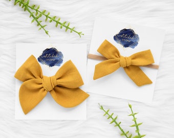 Gold Mustard Yellow Linen Baby Bow Headband - Fall Hair Bow - Toddler Hair Clips - Newborn Bow Headband - Hair Bows Infant - Dog Clip Bow