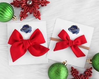 Christmas Holiday Red Linen Baby Bow Headband - Hair Bow - Toddler Hair Clips - Newborn Bow Headband - Fabric Hair Bow - Solid Color Bow