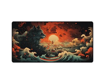Anime Kitsune Desk Mat, Japanese Wave Art, Folklore Inspired Office Decor, Mythical Fox Desk Pad