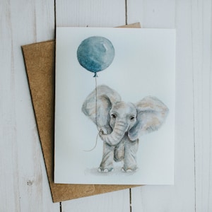 Babyolifantkaart, blauw, olifant, babyaankondiging, babykaart, aquarelolifant, aquarelkaart, notitiekaart,