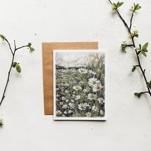 Daisy Field-kaart | Lente, wenskaart, paaskaart, madeliefjes, notitiekaart, pastelkunst, bloemenkaart