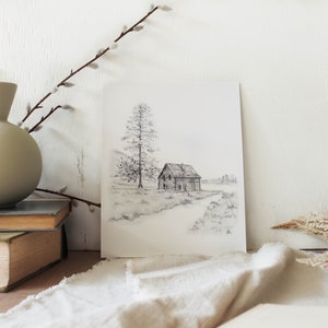 Sketched Golden Winter Print - Cabin Print, Cottage, House Print, Autumn, Fall Decor, Sketched Print, Black & White, Minimalist