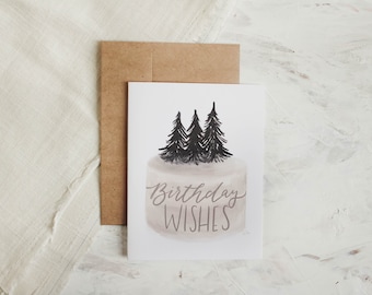 Birthday Wishes Card - Cake, Watercolor Card, Watercolor, Birthday Wishes, Trees, Mountain Birthday, Happy Birthday, Birthday Card