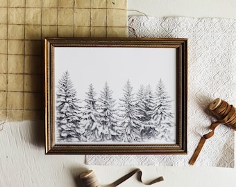 Verschneiter Wald | Skizzierte Bäume, Weihnachten, Winter, Pinien, Kunstdruck, Wandkunst, Urlaub