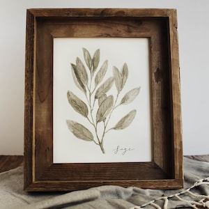 May include: A framed watercolour painting of a sage plant with green leaves on a white background. The frame is made of dark brown wood. The word "Sage" is written in black cursive below the plant.