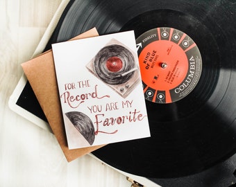 For The Record You Are My Favorite Card - Record Player, Vintage Card, Record Player Card, Watercolor Card, Valentine's Day, Valentine Card
