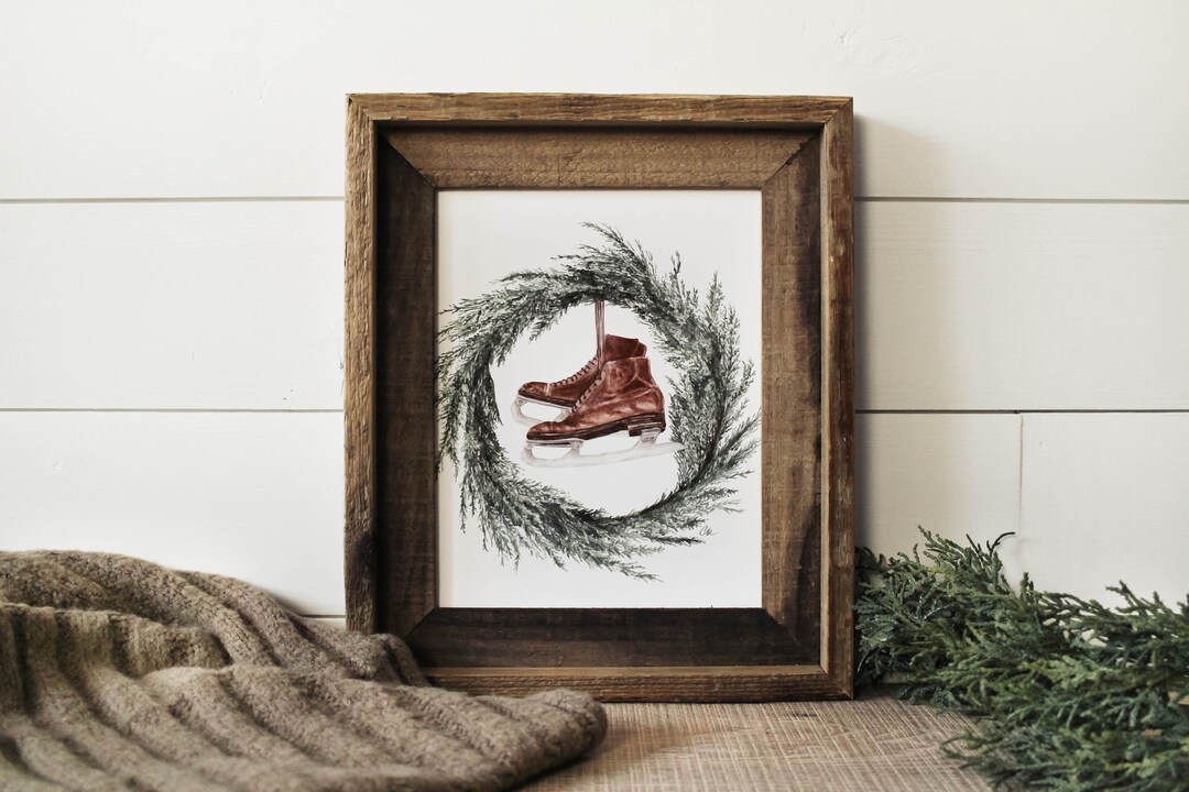 Wreath With Ice Skates Print Ice Skates, Watercolor Print, Christmas