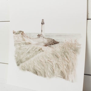 May include: A watercolor painting of a white lighthouse on a rocky coast with tall grass in the foreground. The sky is a light blue and the ocean is a light gray.