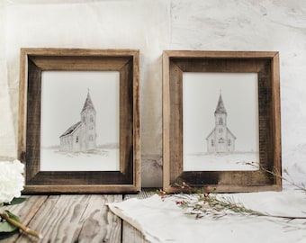 Two White Church Print Set - Watercolor Church, Watercolor Print, White Church, Barn, Farmhouse Decor, Print Set, Two Prints