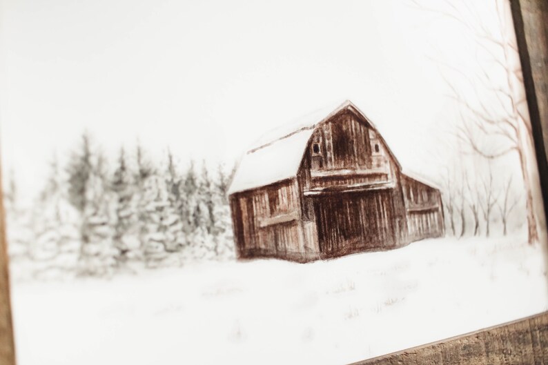 Barn No. 6 The Mowery Barn, Winter Barn, Winter Print, Old Barn, Barn Painting, Watercolor, Farmhouse Decor, Watercolor Print, Brown image 2