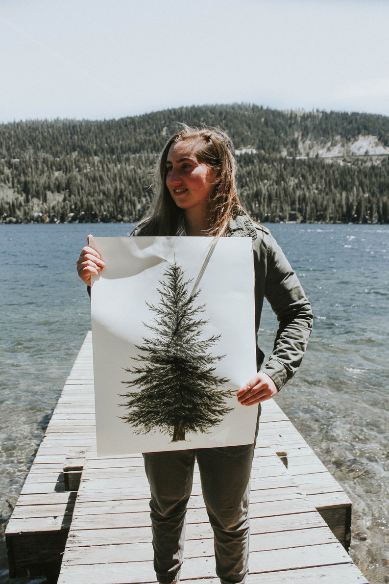 May include: A person holding a white poster with a black and green illustration of a pine tree. The poster is being held in front of a lake and a forest.