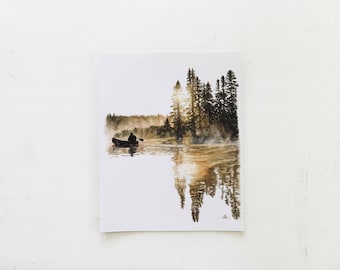 Morning Fog Print | Canoe, Cabin Decor, Mountain, Lake Decor, Watercolor Print