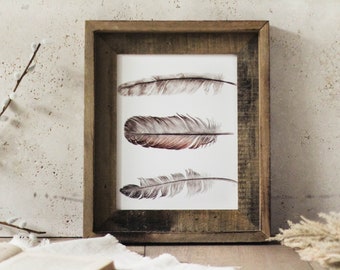 Three Feathers Print - Watercolor Feathers, Wall Art, Watercolor Print, Neutral, Minimalist Decor, Fall Decor, Autumn, Feathers