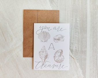 You Are A Treasure Card - Sea Shells, Beach Card, Summer Card, Watercolor Card, Sketch, Treasure