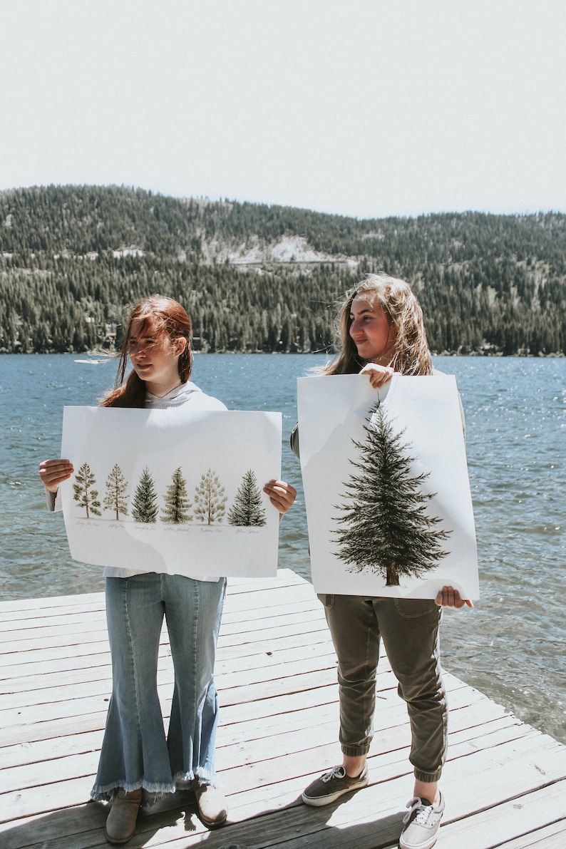 May include: Two people stand on a wooden dock holding up posters of trees. The poster on the left shows a row of five different types of trees with their names written below. The poster on the right shows a single large tree.