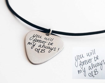 Handwritten Guitar Pick Necklace or Keychain Engraved Custom Personalized Handwriting or Font Gift Him Her Dad Son Brother Grandpa Christmas