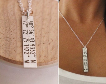 Longtitude Latitude Bar Necklace • Location Honeymoon Wedding Ceremony First Date Girlfriend Present • Best Friends BFF Wife Spouse Silver