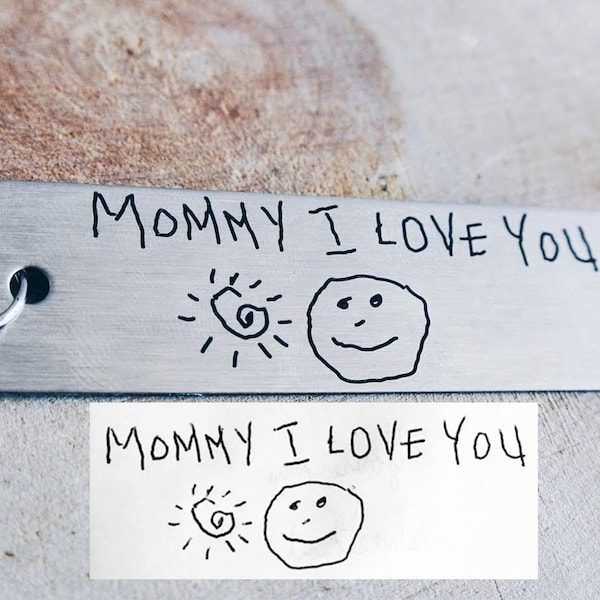Children's Writing Picture Engraved Handwritten Key Chain Custom Personalized Handwriting or Font Gift Him Her Dad Son Father Mom Father's