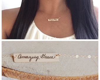 Calligraphy Handwritten 14k Gold Filled Necklace- Handwriting Jewelry- Engraved Monogram Bar - Personalized Custom Rose Gold Mother's Day