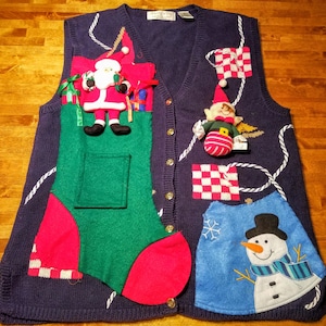 Handmade 3D Santa and Elf Ugly Christmas Sweater! Vest! Frosty the Snowman! Stuffed Doll additions! Be the king of your office with this one