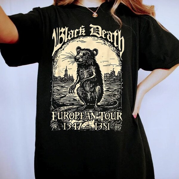 Chemise de tournée européenne Black Death, chemise Black Death, chemise de rat médiévale, chemise gothique grunge, embarquez pour le voyage épique du métal à travers l’Europe