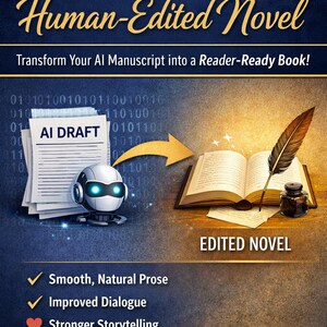 May include: An image promoting the transformation of AI drafts into human-edited novels. The title reads "AI Draft to Human-Edited Novel". The image features a stack of papers labeled "AI DRAFT", a robot, an open book, and a quill pen.