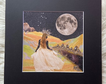 Matted print of collage "Full Moon in Leo" fits 12"x12" frame- black mat