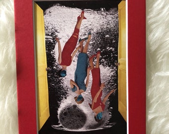 Print of original collage "Synchronized Swimmers" in 5"x'7" red mat