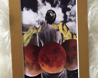Print of original collage "Blood Moon" in 5"x7" gold mat