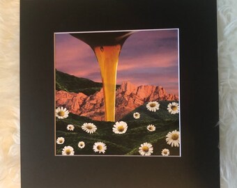 Matted print of collage "Pour Honey in the Cracks" fits 12"x12" frame- black mat