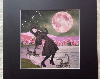 Matted print of collage "Full Moon in Scorpio" fits 12"x12" frame- black mat