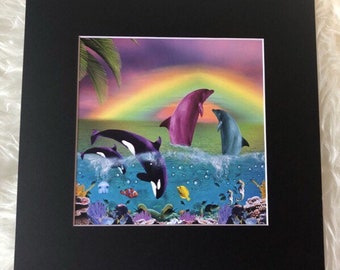 Matted print of collage "Seas the Day" fits 12"x12" frame- black mat