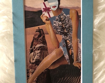 Print of original collage "Present" in 5"x'7" sky blue mat
