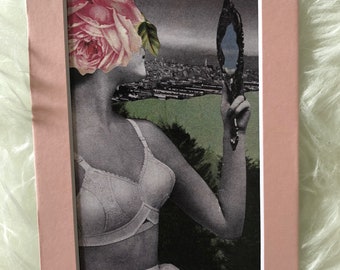 Print of original collage "Blue Vault" in 5"x'7" pink mat