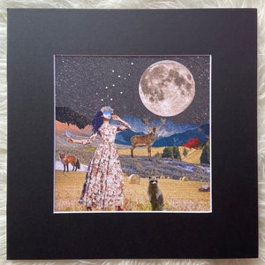 Matted print of collage &quot;Full Moon in Virgo&quot; fits 12&quot;x12&quot; frame- black mat