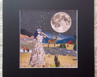 Matted print of collage "Full Moon in Virgo" fits 12"x12" frame- black mat