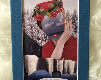 Print of original collage "Warm and Cool" in 5"x'7" blue mat